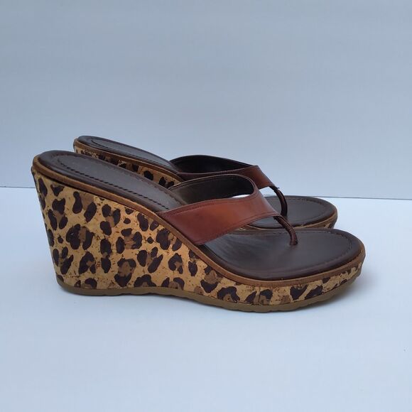 Gianni Bini wedges size 6 leopard heel brown leather thong - Picture 1 of 14